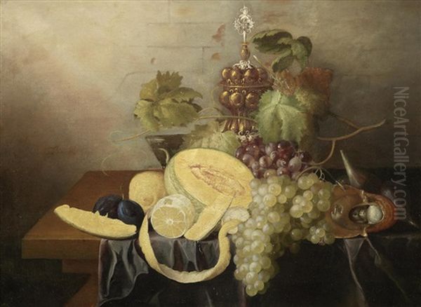 A Split Melon, Lemon, Grapes, Figs And Other Fruit On A Draped Table-top by Thomas De Paep