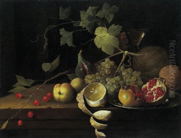 Stillleben Mit Kirschen, Pfirsichen, Einer Halbgeschalten Zitrone, Weintrauben, Einer Feige Und Einem Granatapfel Oil Painting by Thomas De Paep