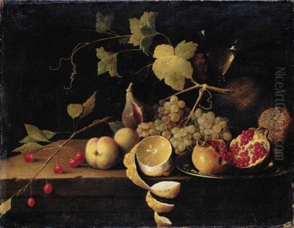 Still Life Of Cherries, Peaches, A Half-peeled Lemon, Grapes On A Vine, A Fig, And An Open Pomegranate On A Silver Platter, In Front Of A Tall Wine Glass Oil Painting by Thomas De Paep