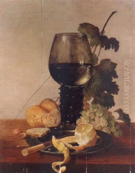 A Half-filled Roemer With Grapes, Bread, Walnuts And A Pewter Dish With A Knife And Peeled Lemon On A Table Oil Painting by Thomas De Paep