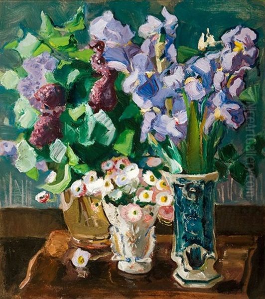 Blumenstilleben Mit Iris, Flieder Und Bellis Oil Painting by Paul Paeschke