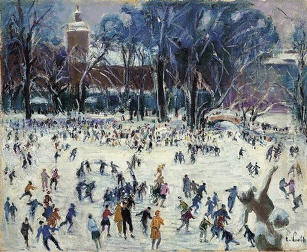 Eisbahn In Treptow Oil Painting by Paul Paeschke