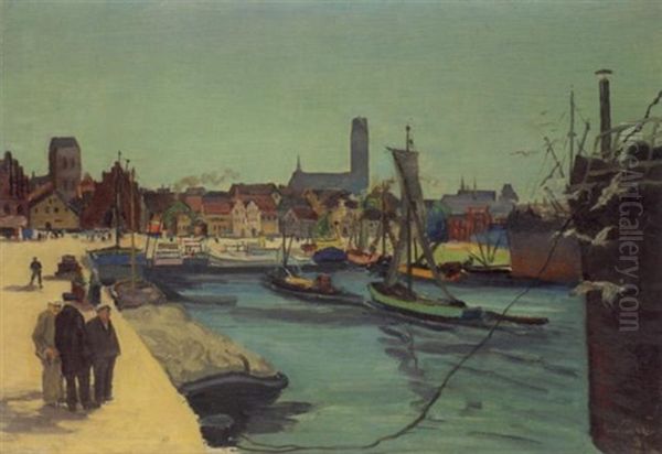 Hafenansicht Von Greifswald Oil Painting by Paul Paeschke