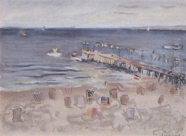 Ostseestrand Mit Pier Oil Painting by Paul Paeschke