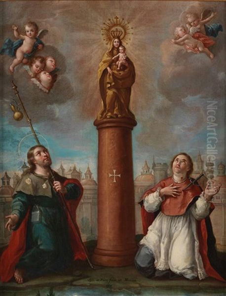 Virgen Del Pilar Con Santiago El Mayor Y San Pedro De Arbues; Al Fondo Vista De Zaragoza Oil Painting by Jose De Paez