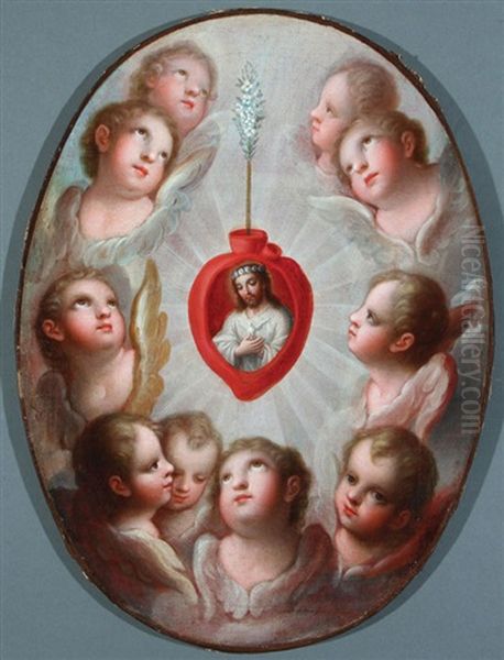 Angels Adoring The Sacred Heart Oil Painting by Jose De Paez