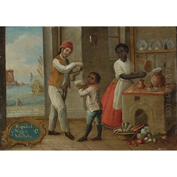 Espanol Y Negra Mulato (+ Collote E Yndia Hamizo; 2 Works) Oil Painting by Jose De Paez