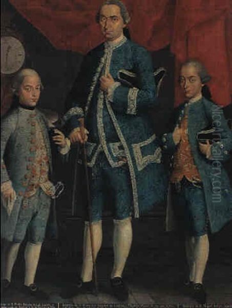 Retrato De Francisco Antonio De Larrea Y Vitorica Y Sus Dos Hijos Oil Painting by Jose De Paez