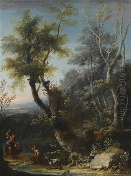 Wooded Landscape With Figures And A Dog In The Foreground, A Castle And City Beyond Oil Painting by Michele Pagano