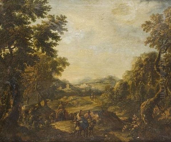 A Wooded Landscape With Peasants On Their Mules Travelling On A Country Path Oil Painting by Michele Pagano