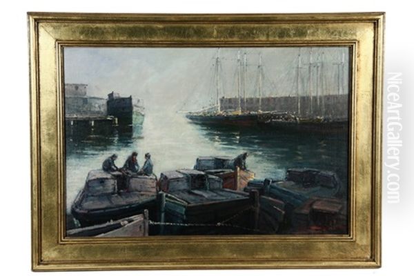 Harbor Scene With Barges And Schooners At Warehouses Oil Painting by Edward A. Page