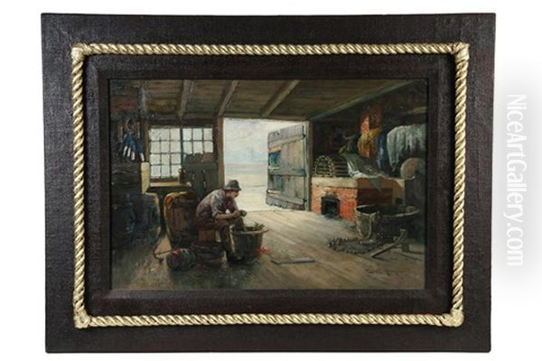 Fisherman At Work Inside His Shack by Edward A. Page