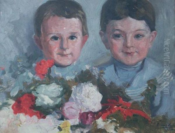 Ninos Con Flores Oil Painting by Pedro Blanes Viale