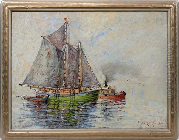 Boats In A Foggy Harbor Oil Painting by Edward A. Page