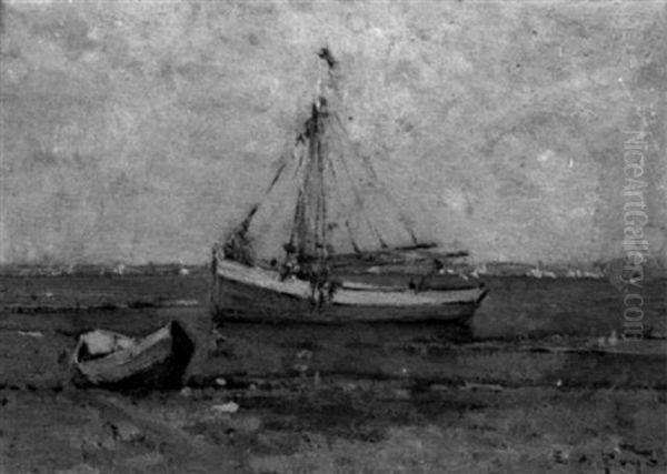 Schooner In The Water With A Beached Dinghy Oil Painting by Edward A. Page