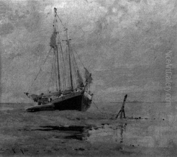 Two-masted Schooner Ashore Oil Painting by Edward A. Page