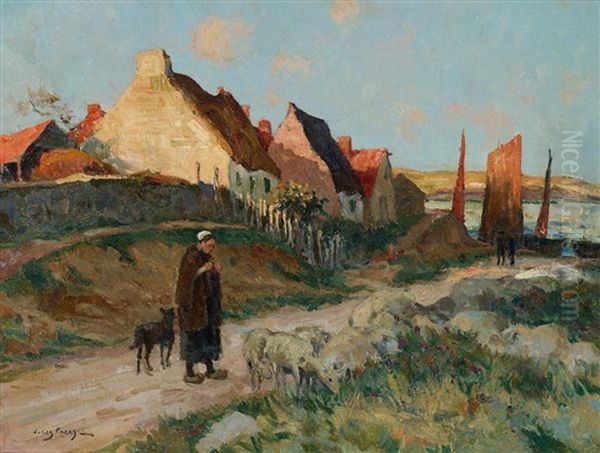 French Fishing Village Scene Oil Painting by Jules Eugene Pages