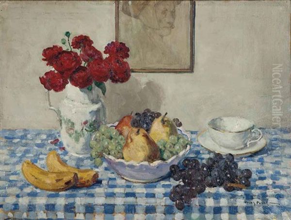 Still Life With A Bowl Of Fruit, Cup And Saucer, And A Pitcher Of Flowers Oil Painting by Jules Eugene Pages