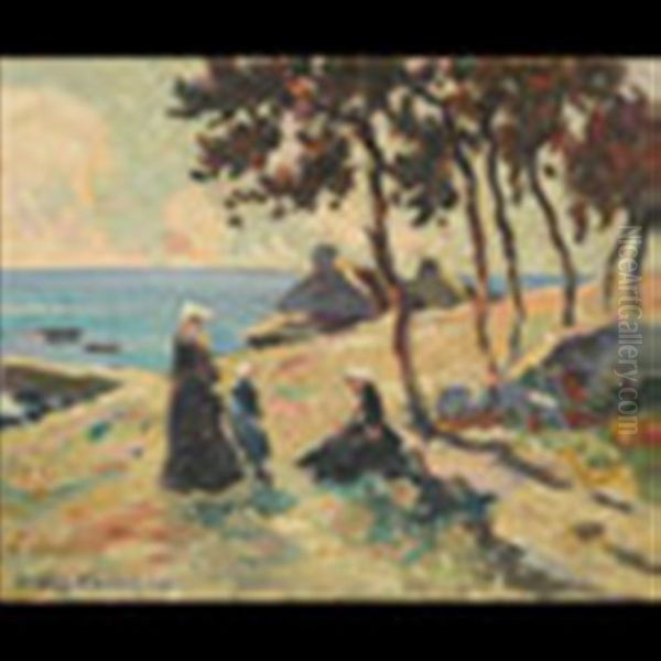 View Of The Brittany Coast With Women And Child Oil Painting by Jules Eugene Pages