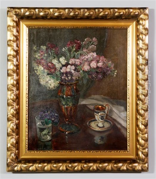 Still Life With Flowers, Cup And Saucer Oil Painting by Jules Eugene Pages