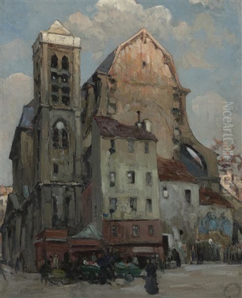 A Busy Evening On A French Street Oil Painting by Jules Eugene Pages