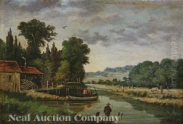 Fishing (+ A Resting Place; Pair) Oil Painting by Jules Eugene Pages