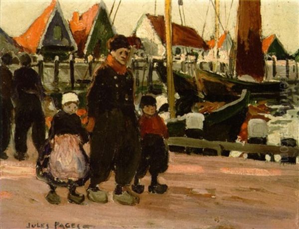 A Man And Children Walking Along A Dock Oil Painting by Jules Eugene Pages