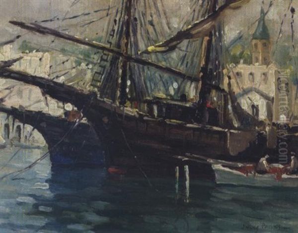 Sailing Ships In The Harbor Oil Painting by Jules Eugene Pages