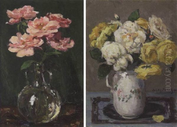 A Still Life Of Roses In A Glass Vase Oil Painting by Jules Eugene Pages