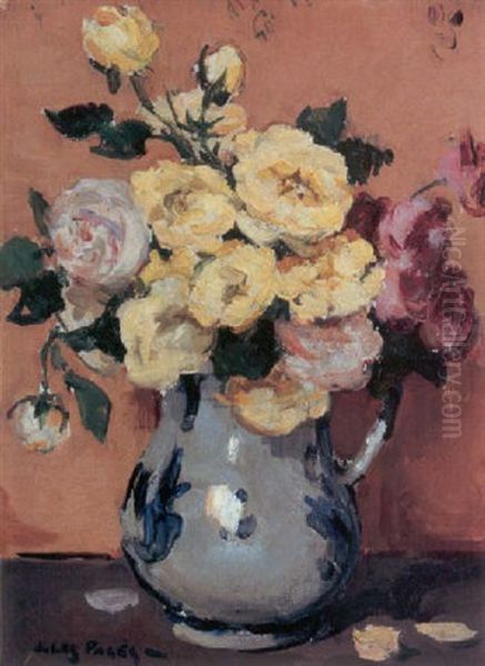 A Still Life With Pink And Yellow Roses In A Vase Oil Painting by Jules Eugene Pages