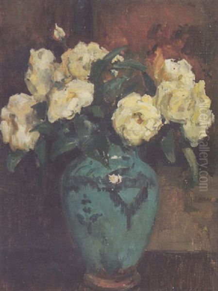 Flowers In A Blue Vase Oil Painting by Jules Eugene Pages