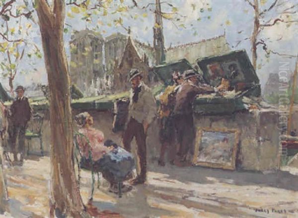 Book Stalls, Notre Dame Oil Painting by Jules Eugene Pages