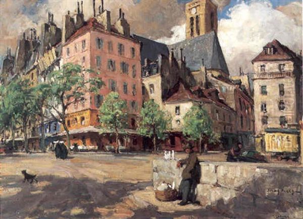 St. Gervais, Paris And Old Louis Xiii Houses Oil Painting by Jules Eugene Pages