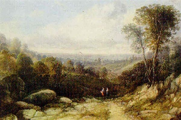 Figures On A Track In An Extensive Wooded Landscape Oil Painting by Sidney Edward Paget