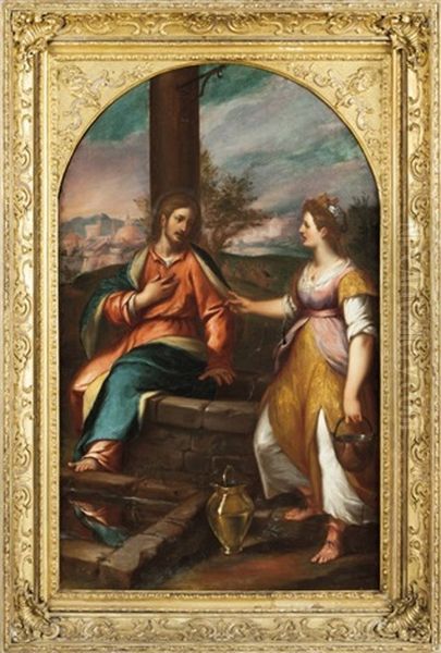 Gesu E La Samaritana Al Pozzo Con La Citta Oil Painting by Giovanni Battista Paggi