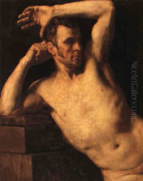 An Academy Study, His Right Arm Leaning On A Wall, The Left Arm Raised Oil Painting by Aimable Louis Claude Pagnest