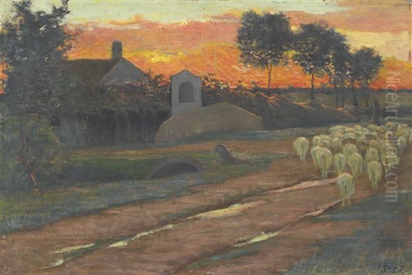 Landschaft Mit Schafherde Im Abendrot Oil Painting by Ferruccio Pagni