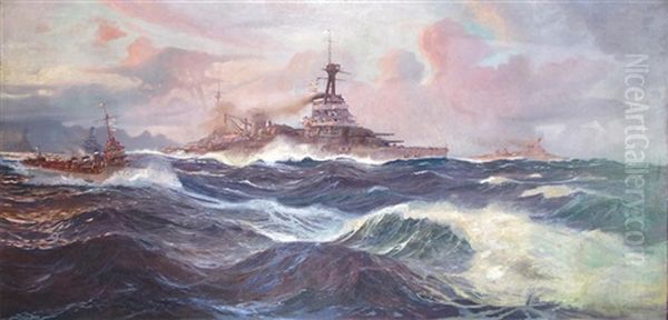 Battleships In Formation Oil Painting by Jean-Louis Paguenaud