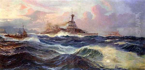 French Battleships Under Destroyer Escort At Sea Oil Painting by Jean-Louis Paguenaud