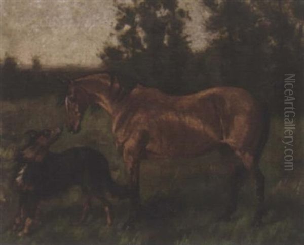 A Collie And A Bay Horse In A Field Oil Painting by George Paice