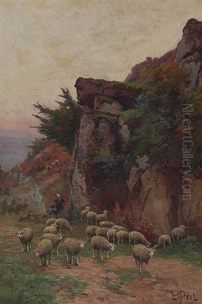 Troupeau Et Bergere Oil Painting by Edouard Pail