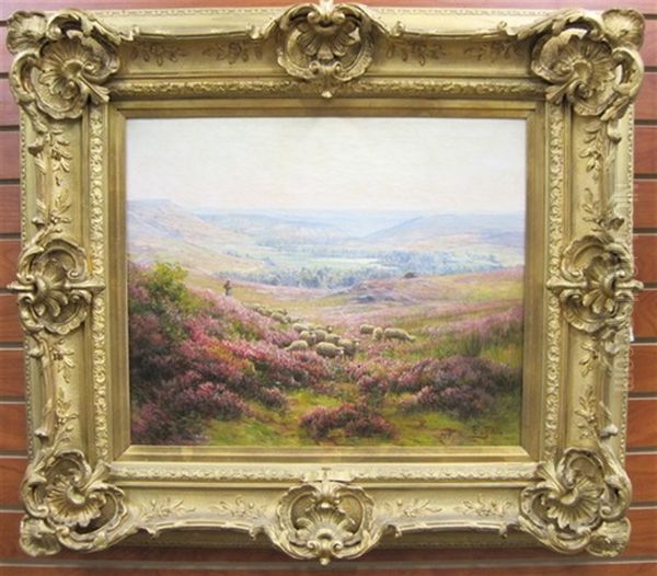 Pastoral Landscape With Wild Flowers, Shepherdess And Flock Of Sheep Oil Painting by Edouard Pail