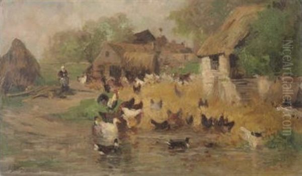 Poules Et Canards Dans Une Cour De Ferme Oil Painting by Edouard Pail