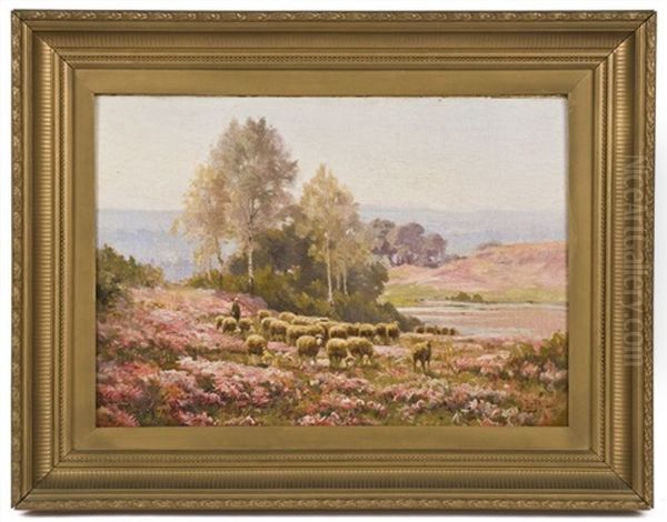 Shepherd With Sheep In A Meadow Of Flowers Oil Painting by Edouard Pail