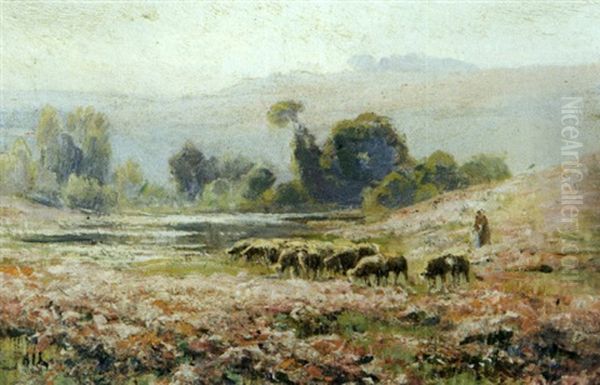 Shepardess With Her Flock Oil Painting by Edouard Pail