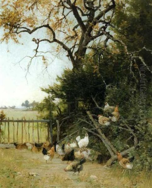 Les Poules Pres Du Grand Arbre Oil Painting by Edouard Pail