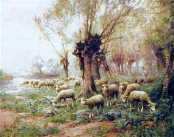 Bergere Et Son Troupeau De Moutons Oil Painting by Edouard Pail