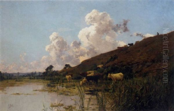 Cattle Watering At The River's Edge Oil Painting by Edouard Pail