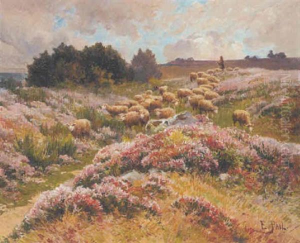 A Shepherd Herding His Flock Across Moorland Oil Painting by Edouard Pail