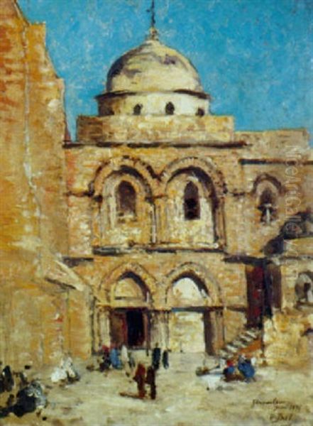 Promeneurs Devant Une Eglise De Jerusalem Oil Painting by Edouard Pail